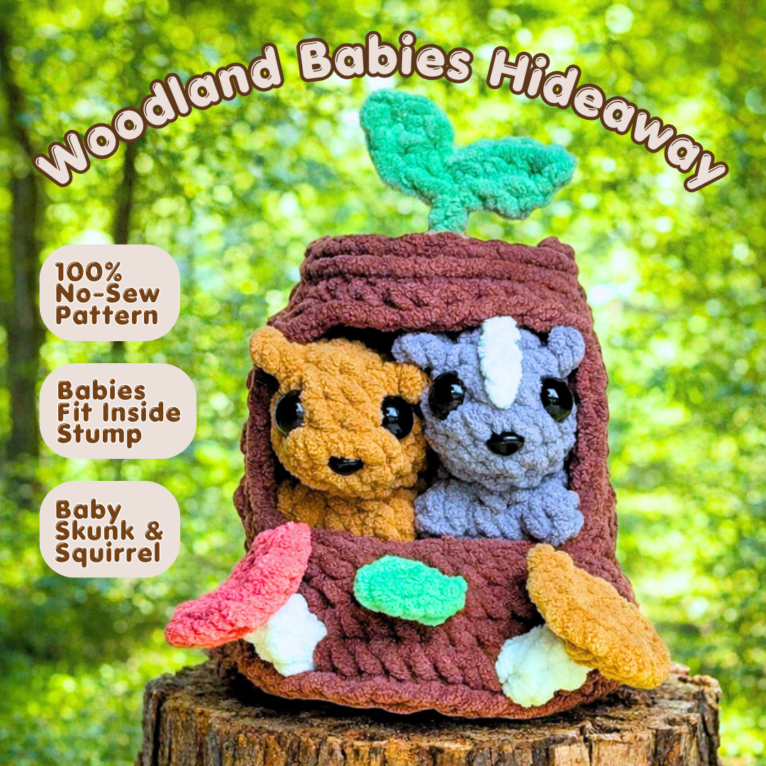 Pattern - Woodland Babies Hideaway (Squirrel and Skunk in a Stump) (No-Sew)